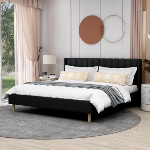 Image of Low Profile Upholstered Platform Bed with Winback Headboard | Bed King Size | Bed Without Storage | Upholstered Beds King Size | Mattress not Included | Black