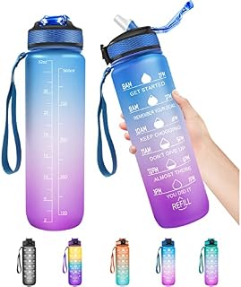 1 Litre Water Bottle with Straw, Time Markings Motivational Sport Water Bottle, Bpa Free Tritan Drinks Bottle for Girls, Boy, Fitness, Outdoor, Cycling, Gym, School & Office (Blue Purple)