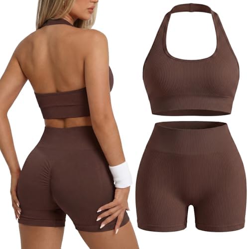 Coume Womens 2 Piece Workout Set Halter Sports Bra Booty High Waisted Biker Shorts Seamless Ribbed Yoga Gym Active Outfits(Brown,Large)