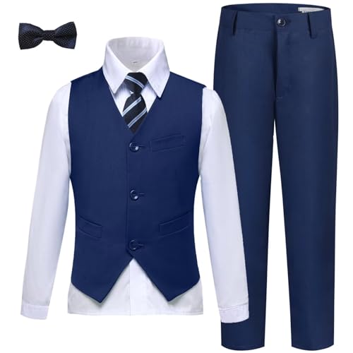 Boys Suit Slim Fit Navy Blue Suits for Boys Kids Vest and Pants Set Toddler Ring Bearer Easter Outfits Size 7