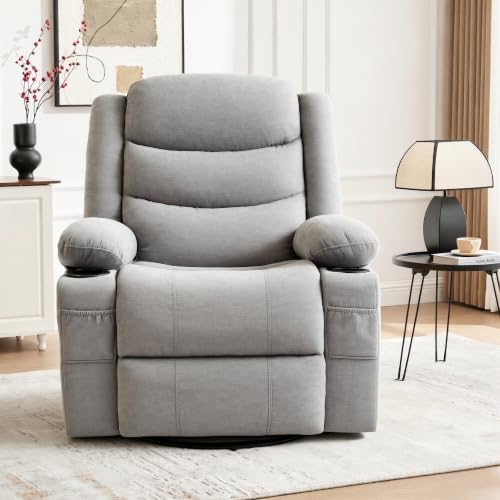 Image of Swivel Rocker Recliner Chair, Manual Recliner Single Sofa with Cup Holders and Side Pocket, Chenille Fabric, Upholstered Nursery Rocking Chair for Living Room, Bedroom, Grey