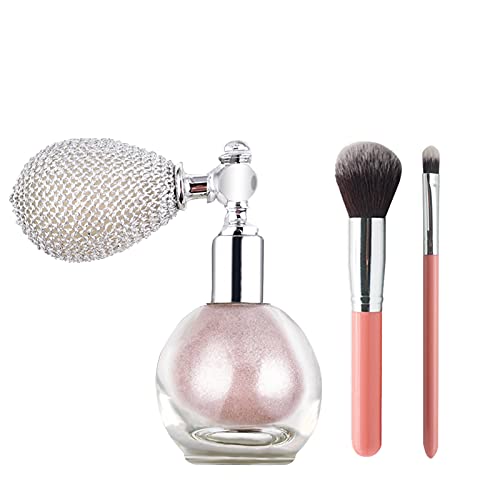 Highlighter Powder Spray, Body Glitter Face High Gloss Spray Shimmer Sparkle Powder Makeup Spray with Powder Brush for Face Body Cosmetic (Nude Pink)