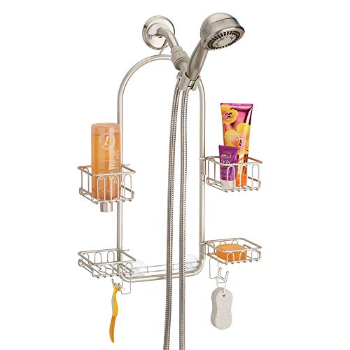mDesign Modern Metal Hanging Bath and Shower Caddy Organizer for Hand Held Shower Head and Hose - Storage for Shampoo, Conditioner, Hand Soap - 4 Swivel Shelf Format - Satin