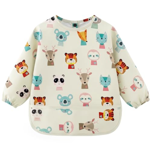AOOTE Bavoir Manche Longues, Imperméable Bib Bébé en PU pour Bébés Infants, Bavette de Sevrage avec Manches Longues, Bavoir à Manches Bébé avec Poches,...