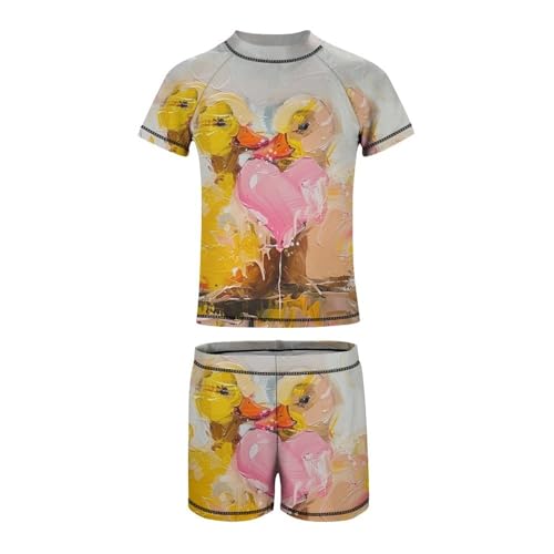 Yellow Ducks and Pink HeartChildren's Casual Swimsuit Set - Simple and Versatile7-9Y（120cm）2