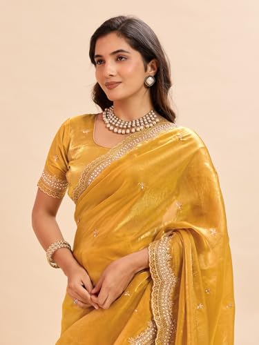 Image of Embellished Embroidered Pure Chiffon Heavy Work Saree