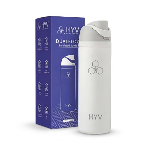 Image of HYV DualFlow Insulated Stainless Steel Water Bottle 750ml | Dual-Cap Sipper & Chug for Adults Kids | Leakproof, BPA-Free, Hot & Cold Thermos | Gym, Sports, Travel, Office, School Flask | Arctic White