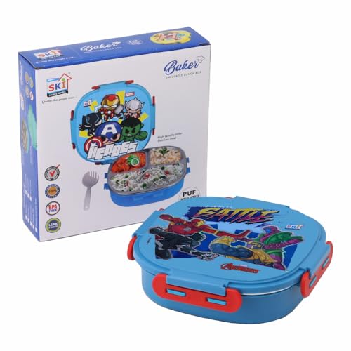 Image of SKI Baker Steel Lunch Box for Kids, 3 Compartment Insulated School Tiffin with Spoon, Leak-Proof, BPA Free, Bento Box for Boys & Girls, Birthday Gifts, Party Favours - Avengers