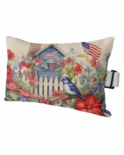 Outdoor Pillows Covers with Inserts American Flag Independence Day Star Bird Red Flower Waterproof Pillow with Adjustable Strap Throw Pillows for Patio Furniture Pool Lounge Chair, 12x20 Inch, 1PCS