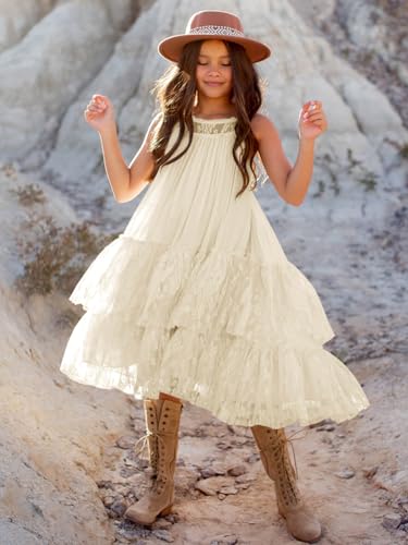 Batermoon Girls Lace Backless Tulle Dress Halter Neck Boho Flower Girl Sleeveless Ruffle Swing Party Dress3