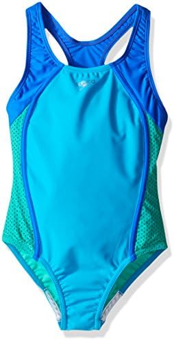 Speedo girls Mesh Splice Thick Strap One Piece Swimsuit, Cyan, 10 US