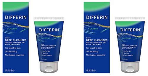 Image of Differin Acne Face Wash with 5% Benzoyl Peroxide, Daily Deep Cleanser by the makers of Differin Gel, Gentle Skin Care for Acne Prone Sensitive Skin, 4 oz (Packaging May Vary) (Pack of 2)