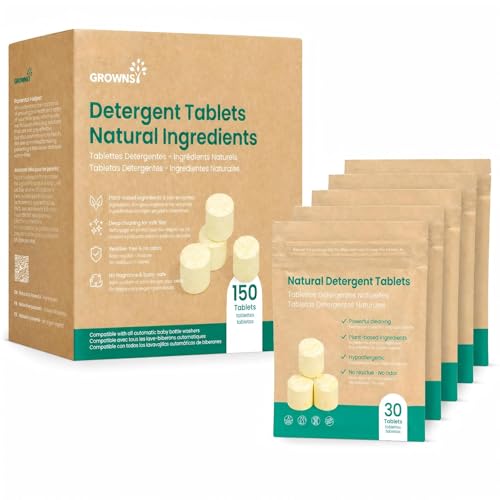 Image of GROWNSY Bottle Washer Detergent Tablets, Plant-Based Enzyme Formula, Removes Milk Residue & Odor, Safe for Baby Bottles & Pump Parts, Compatible with All Bottle Washers, Unscented, 150 Count