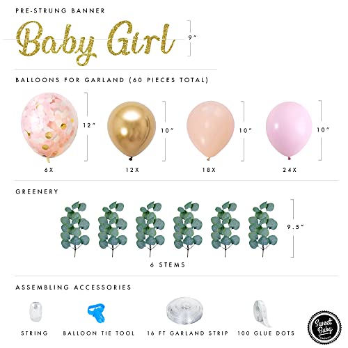 Sweet Baby Co. Baby Shower Decorations For Girl With Pink Balloon Arch Garland Kit, Baby Girl Banner Decor, Eucalyptus Boho Greenery Vine, Light Pink, Peach Blush, Gold, Confetti Balloons #TOP2