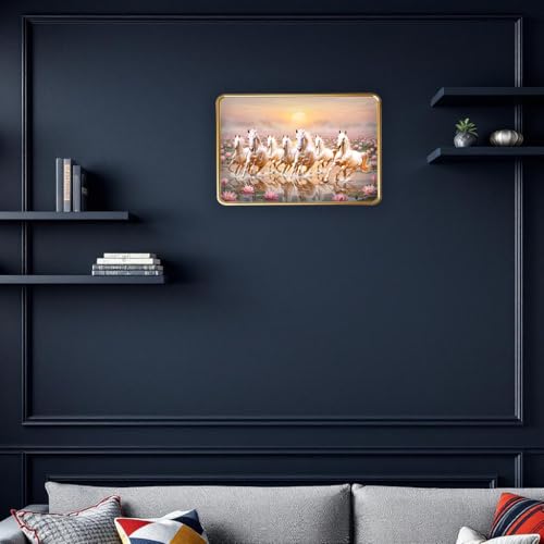 Image of Vastu 7 Seven Running Horse Photo Frame, Golden Slim Frame, Sparkle Coated Lamination, 30x45 cm (Design 4)