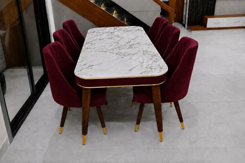 Image of WOODEN SPACE 6-Seater Wooden Dining Table Set | Nano Composite Marble Top | Solid Wood Base | Modern Dining Room Furniture with 6 Chairs (Maroon Frontline)