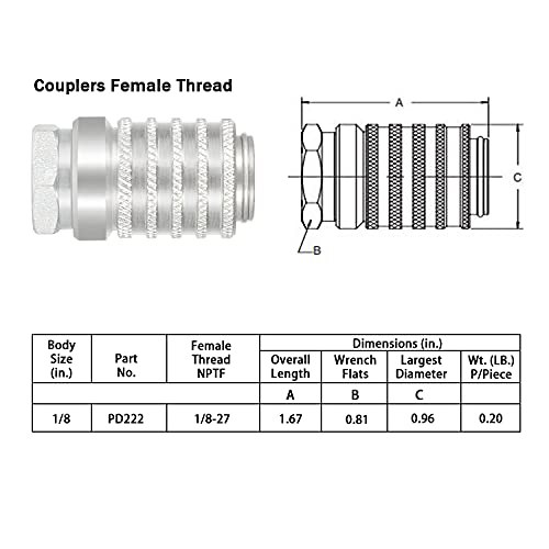 Pd222 Series Pd Steel Test Port And Diagnostic Equipment Quick Coupler With Female Pipe Thread, 1/8" Body Size, 1/8"-27 Nptf Thread Size, 1.67" Length #TOP1