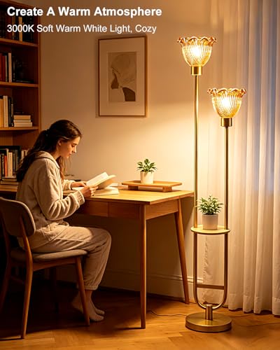 Image of Lightdot 2-Lights Modern Glass Floor Lamp with Table Gold Standing Tall Lamps with Amber Floral Glass Shade,LED Floor Lamp with Foot Switch for Living Room Bedroom Home Decor (3000K Bulbs Included)