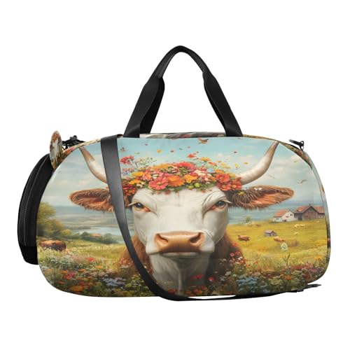 YETTASBIN Sport Travel Duffel Bag for Girls Boys, Cow Flowers Large Waterproof Weekender Overnight Bag, Detachable Shoulder Strap Gym Bag with Shoe Compartment & Wet Pocket2