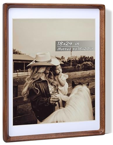 Image of 18x24 Picture Frame with Mat for 16x20, USA-Sourced Natural Walnut Wood Handcrafted Rounded Corner with Plexiglass, Vertical or Horizontal Display Photo Gallery Poster Wall Mounting Frame