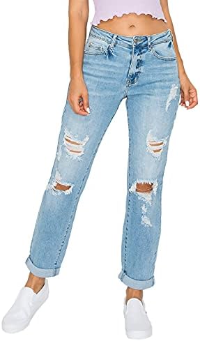 wax jean Women's Boyfriend Jeans with Destructed Blown Knee and Rolled Cuff, Light, 7
