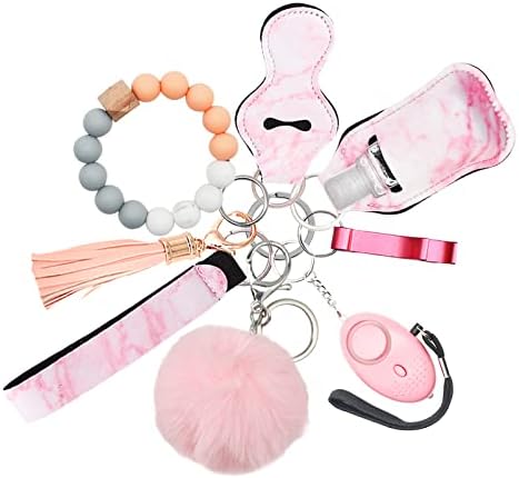 METURE Safety Keychain Set Protection 9PCS Bracelet Keychain Safety for Women Portable Silicone Bead Key Set for Women with Personal Alarm Key Bracelets with Leather Tassel Pink