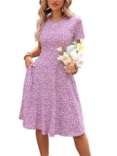 Image of Women's 2026 Fit and Flare Dress Summer Casual Elegant Vintage Floral Printed Work Party A-line Dress with Pockets 162