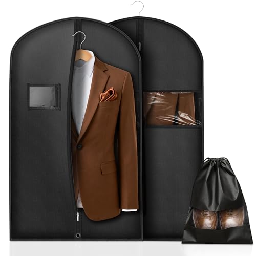 Lot de 2 Sacs à vêtements pour Homme - 100 x 60 cm - pour Costume, Veste, Chemise - avec 1 Sac à Chaussures - Housse de Protection Respirante avec Fermeture éclair - pour Voyage et Rangement