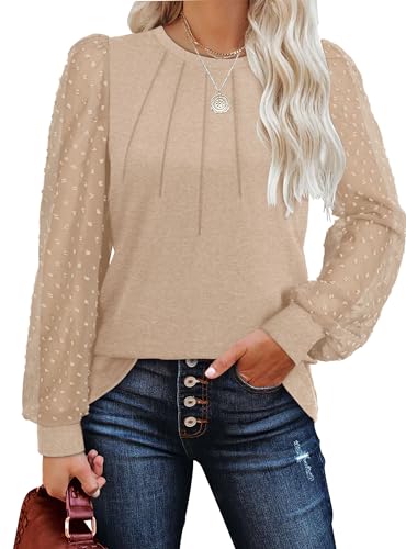 Ofeefan Womens Fall Tops Pleated Long Sleeve Shirts For Women Crew Neck Tunic Tops Lightweight Sweaters Khaki L thumb #1