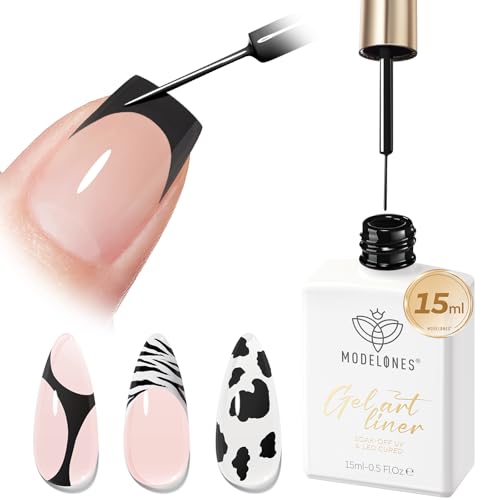 modelones Black French Tip Liner Gel Polish, 15 ML All Black Classic Color Nail Art Paint Swirl with Upgraded Fine Line Brush Soak Off U V DIY Home Salon Professional Manicure Design Gift for Women