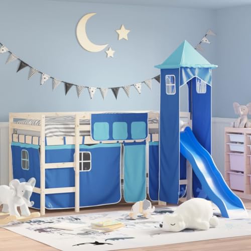 Rideaux pour Lit Mezzanine avec Tour en Polyester Bleu - Améliorez l'Aire de Jeux de Votre Enfant avec Espaces de Rangement et Accents Visuels pour un...