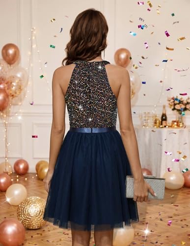 Image of Dressystar Women's Sequin Short Prom Dress Sparkly Halter Tulle Cocktail Party Homecoming Dresses