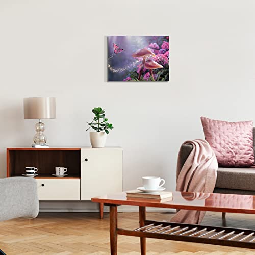 Fantasy Fairy Tale Wall Art Pink Flowers And Butterfly Painting Canvas Prints Magical Mushrooms Forest Poster Nursery Decor 12"X12" Framed Wall Hanging For Girls Bedroom Birthday Christams Gifts #TOP1