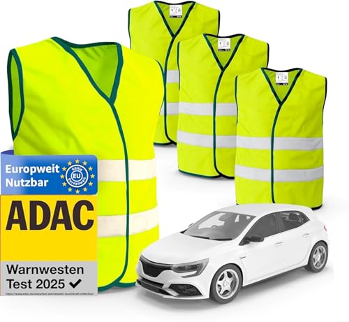 4X Stück Warnwesten Auto gelb 2026 gemäß ISO20471 - PKW & LKW Sicherheitswesten für Sicherheit im StVO - Autozubehör