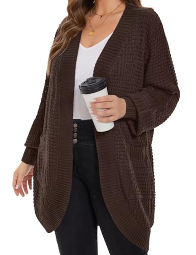 Image of MONNURO Womens Plus Size Open Front Cardigan Waffle Knit Long Sleeve Sweaters Tops Fall Coat Outerwear with Pockets