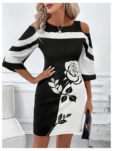 Verdusa Women's Floral Print Cold Shoulder Dress Color Block Half Sleeve Short Dress3