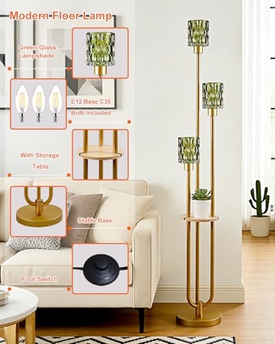 Image of Lightdot 3-Lights Glass Floor Lamp for Living Room Modern Gold Floor Lamp with Green Glass Shade for Wedding /Party Farmhouse Tall Standing Lamp with 5Lb Heavy Base for Bedroom /Sofa Beside /Corner Decor