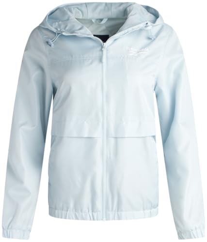 Reebok Chaqueta cortavientos para mujer, chaqueta bomber ligera con capucha ajustable (tallas S-XL), talla L, azul claro, Azul/claro, Large