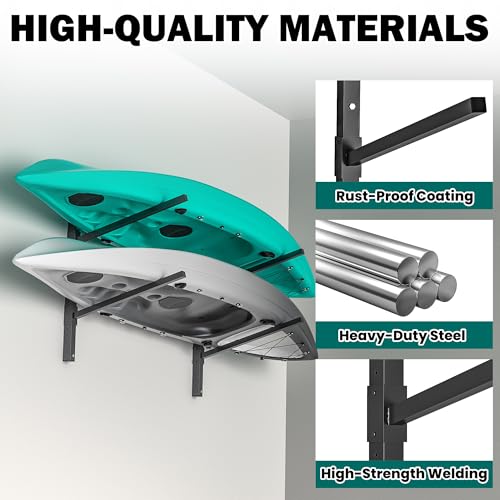 EVERHANGER Wall Mounted Kayak Storage Rack for 2 Kayaks, Adjustable Kayak Holder, Heavy Duty Canoe Rack with 440LBS Weight Capacity, Indoor & Outdoor Use - Thumbnail 3