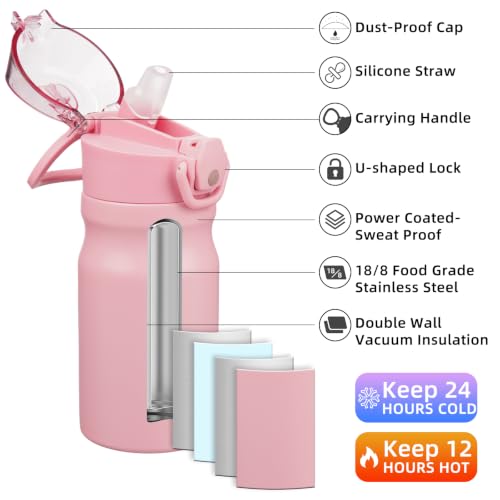 Image of BJPKPK 14 oz Insulated Water Bottle, Straw, Handle, Stainless Steel Flask | Leak Proof Locking Lid, Double Wall Vacuum, Keeps Hot /Cold, BPA Free, Dishwasher Safe, Travel & Sports, Light Pink