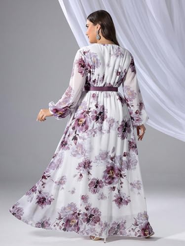 Image of Spring Summer 2024 Plus Size Womens Dresses V Neck Casual Elegant Long Sleeve Floral Print Maxi Dress