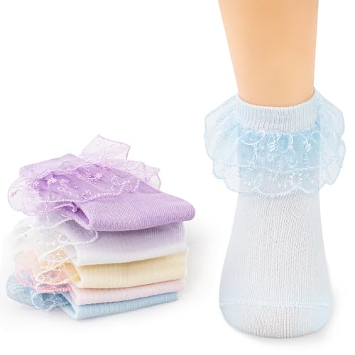 Meeshine Toddler Baby Girls Ruffle Lace Socks Princess Eyelet Frilly Mesh Dress Cotton Ankle Socks for 1-9T Kids 5 Pairs2