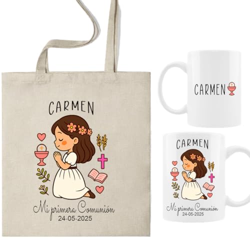 ELISA BOTELLA Pack Personalizado Primera Comunión, Taza y Bolsa con Nombre y Fecha, Diseño Ilustrado, Elección de Color de Pelo, Regalo para Invitados (MORENA - Pack comunion niña personalizado REZO) ELISA BOTELLA Pack Personalizado Primera Comunión, Taza y Bolsa con Nombre y Fecha, Diseño Ilustrado, Elección de Color de Pelo, Regalo para Invitados (MORENA - Pack comunion niña personalizado REZO)