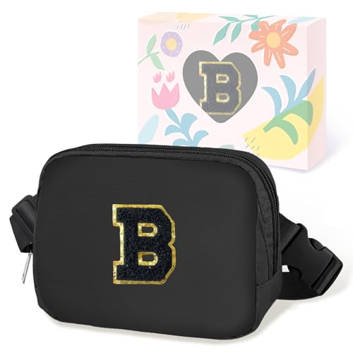 Image of COSHAYSOO Valentines Birthday Initial Gifts for Teen Boys 5 6 7 8 9 10 11 12 13 14 Year Old Black Fanny Pack for Women Belt Bag Crossbody Travel Purse Monogrammed Unique Trendy Stuff Chenille Letter B
