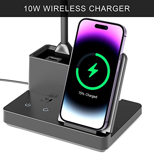 Dimmable Eye-Caring Desk Lamp with Wireless Charger and Pen Holder for Home Office