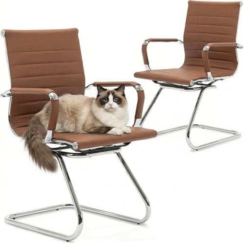 Image of HNY Leather Office Guest & Reception Chairs Set of 2, Modern Waiting Room Chairs with Arms, Desk Chair no Wheels with Sled Base for Conference Room, Coffee