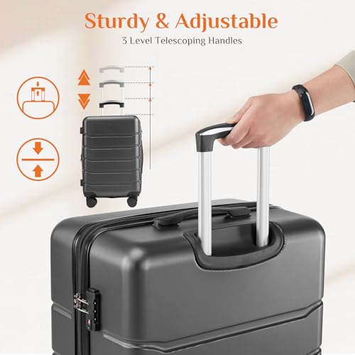 Sweetcrispy Carry on Luggage,Hard Shell Expandable Double Spinner Rolling Wheels Suitcase,TSA Lock, Charcoal Black, 21 Inch3