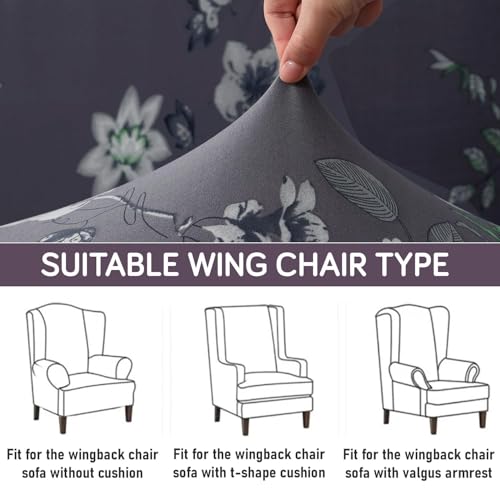 Image of HOKIPO 140 GSM Stretchable Wing Chair Cover, Bentonite Grey Budding Florals (NEW-AR-5135-D1)