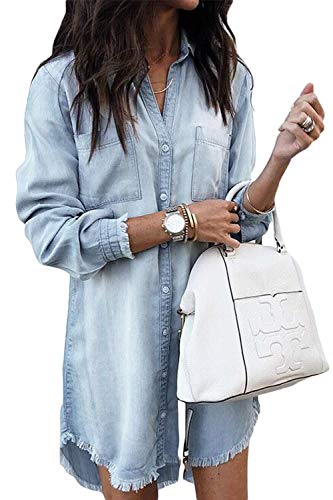 Hotmiss Women Denim Shirt Dresses Long Sleeve Distressed Jean Button Down Casual Tunic Top (Blue, XX-Large)