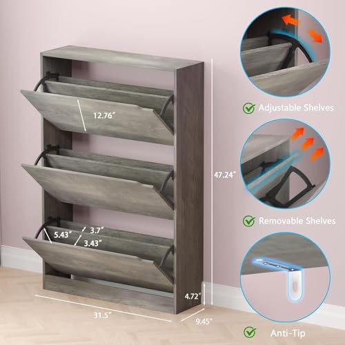 Image of BORNOON Shoe Cabinet with 3 Flip Drawers, Hidden Wood Shoe Cabinet,Freestanding Shoe Storage Cabinet for Entryway Hallway